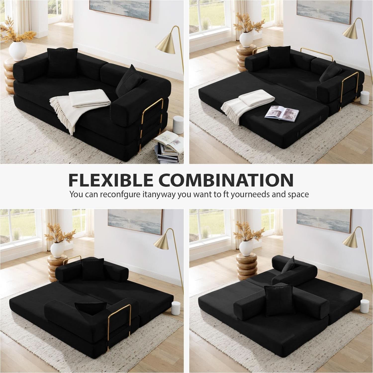 Corduroy 78Inch Multifunctional Convertible Sofa Bed Black- ShipItFurniture- {{Product type}}