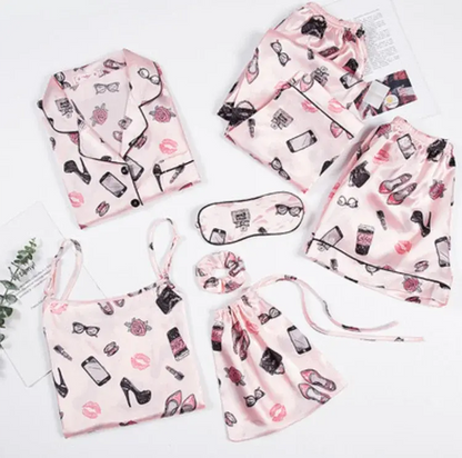 7pc Long Sleeve Pajama Sleepwear Sets pink black
