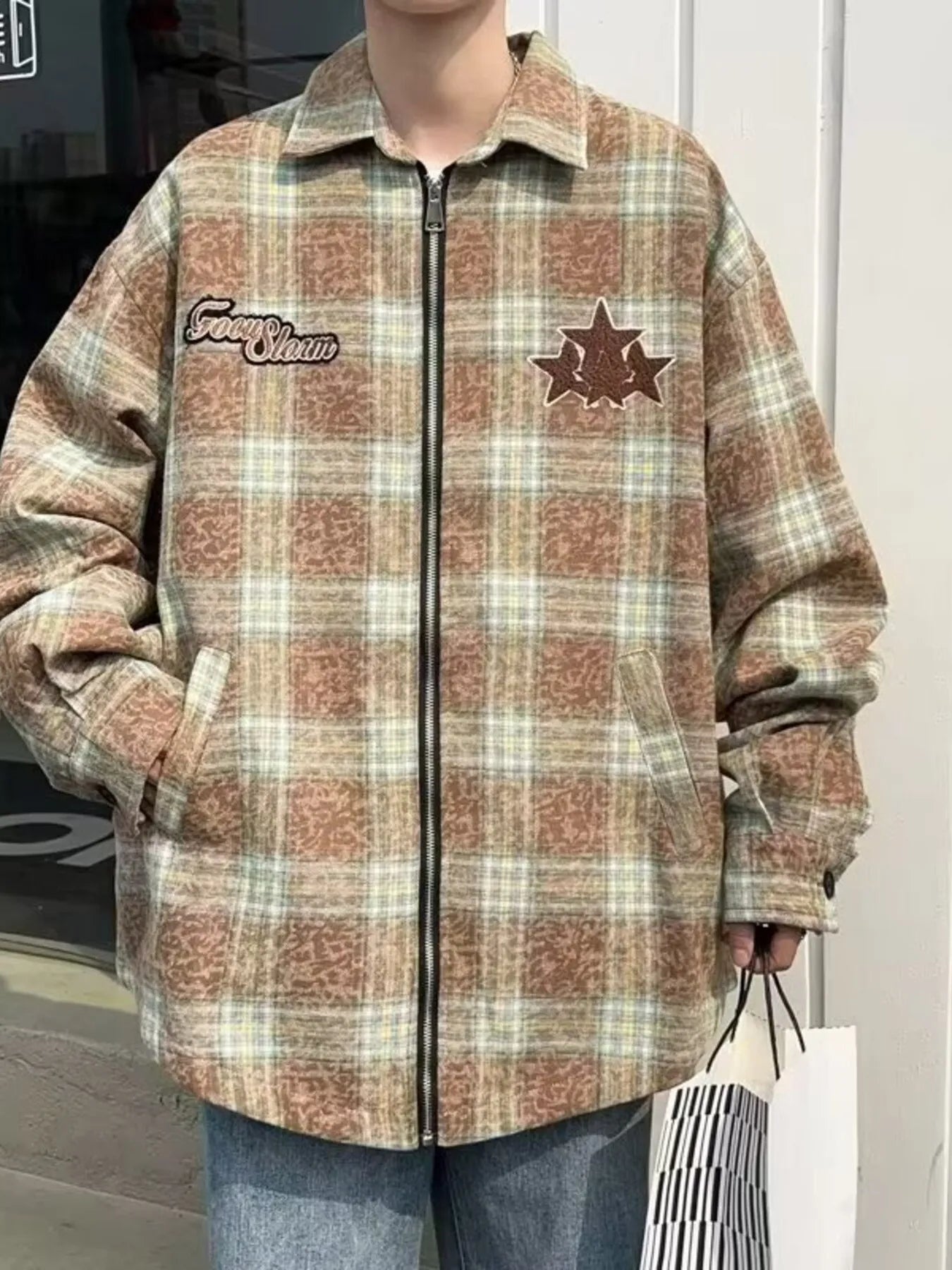 Men's Plaid Zip Up Long Sleeve Jacket - -