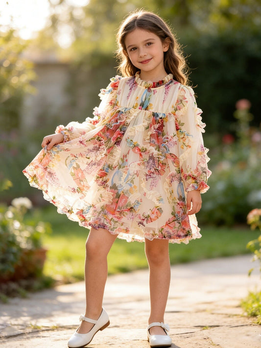 Pastel Flower Ruffle Layered Girls Dress - - Dress