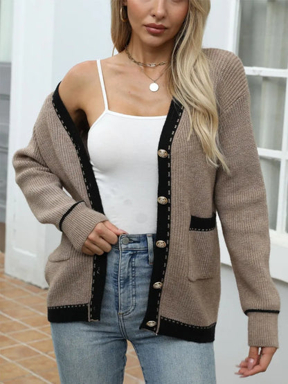 Contrast Trim Button Up Long Sleeve Cardigan - -