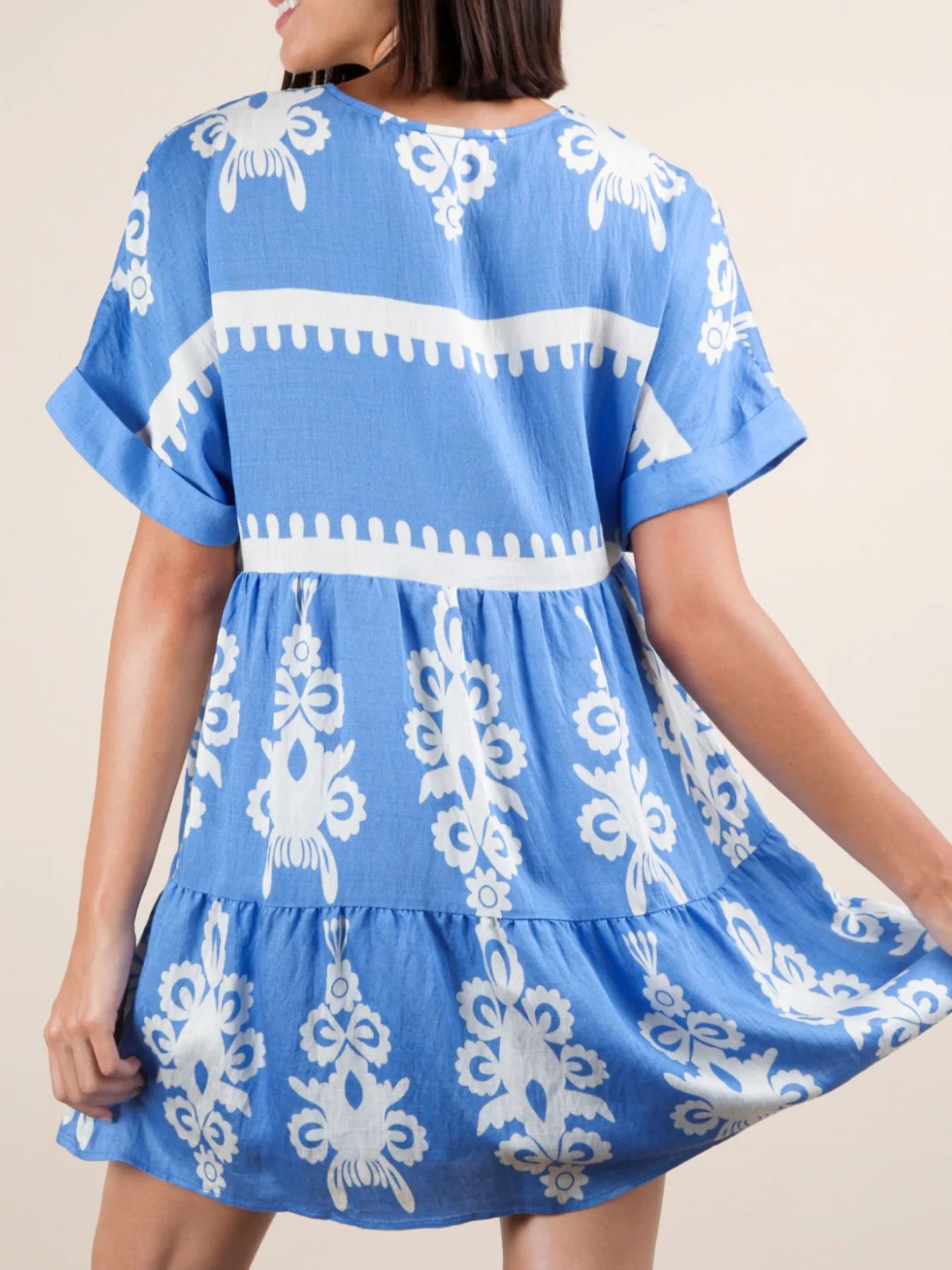Printed V-Neck Short Sleeve Mini Dress - -