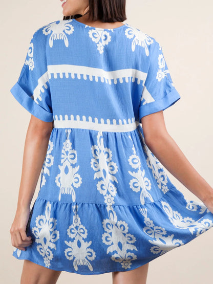 Printed V-Neck Short Sleeve Mini Dress - -