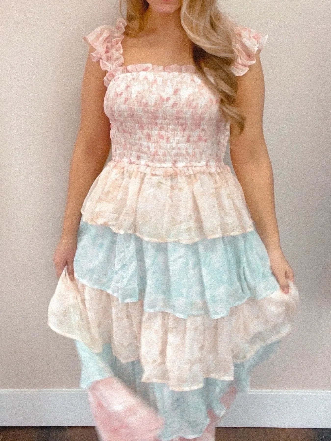 Smocked Ruffle Layered Floral Midi Dress - -