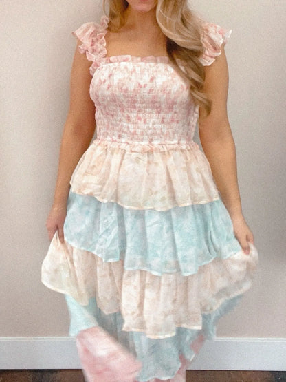 Smocked Ruffle Layered Floral Midi Dress - -