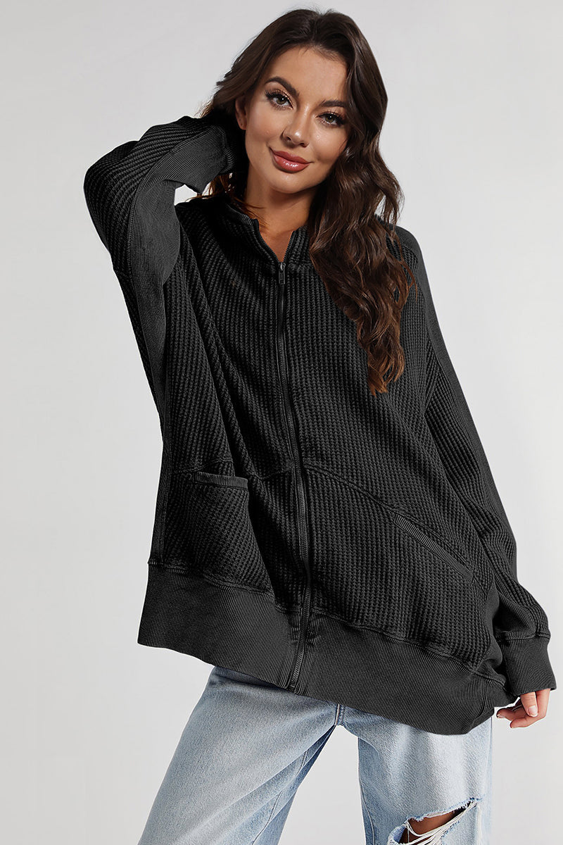 Zip-Up Long Sleeve Jacket - Black -