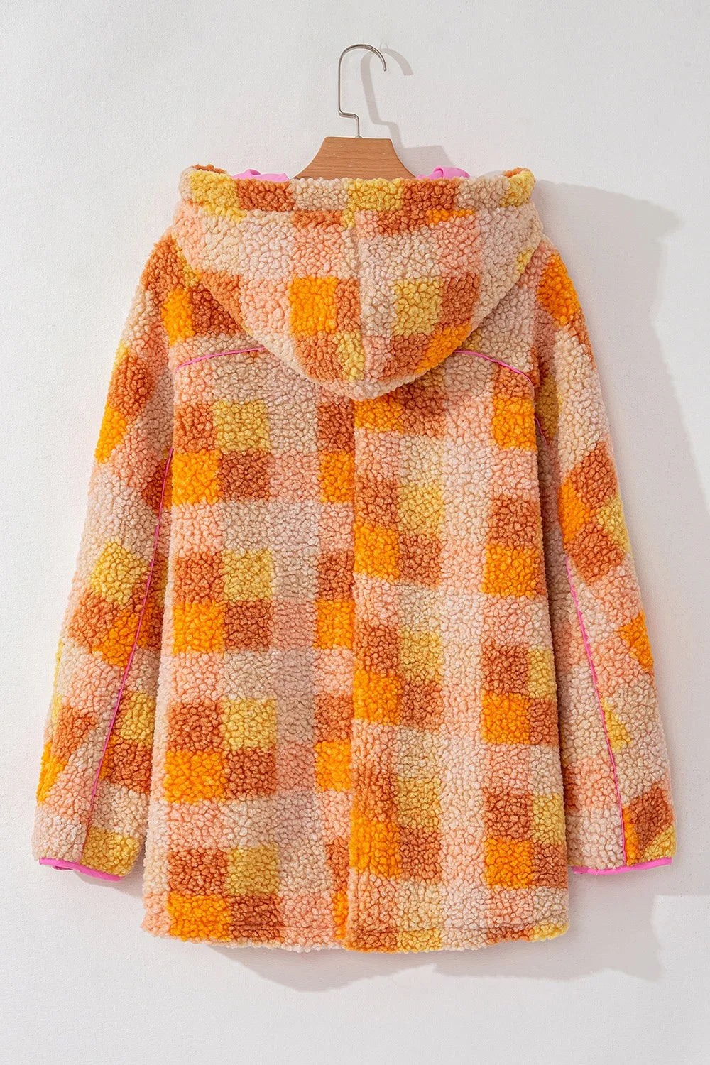 Checkered Long Sleeve Sherpa Hooded Jacket - -