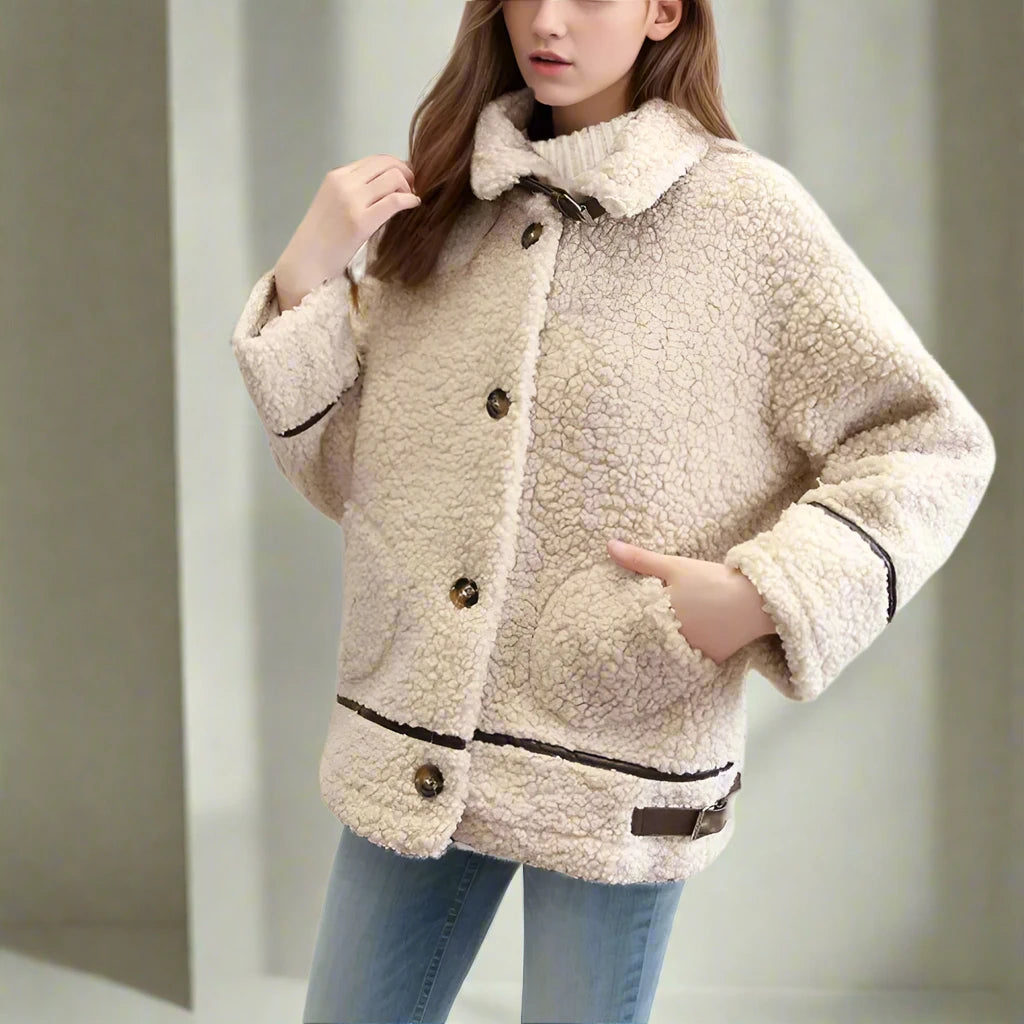 Fleece Solid Color Button Outerwear Warm for Women Coat