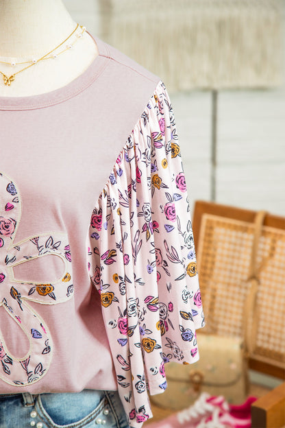 Pink Contrast Floral Patched Flowy Half Sleeve Blouse - - Tops/Blouses & Shirts