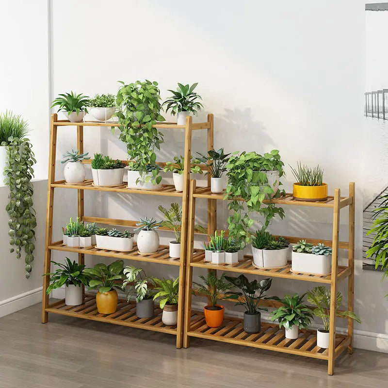 Indoor Balcony Living Room Natural Bamboo Plant Stand Display Shelf