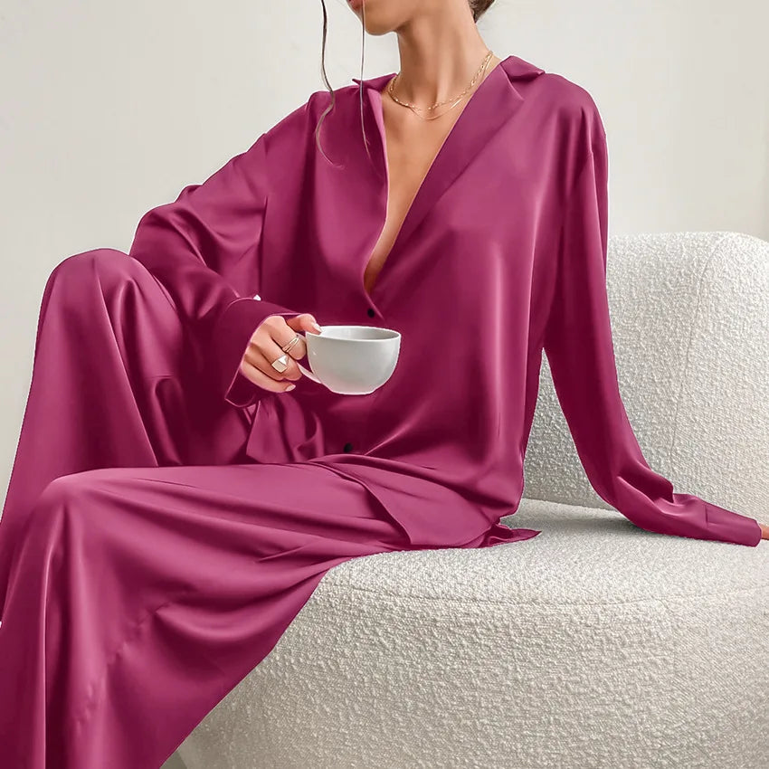 Oversized Satin Low Cut Pajama Single-Breasted Long Sleeve Wide Leg Pants