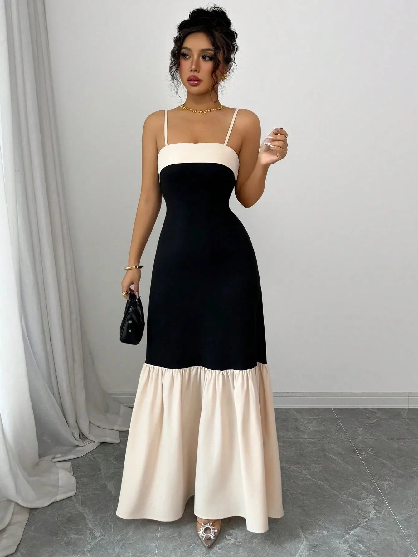 Two-Tone Spaghetti Strap Maxi Dress - -