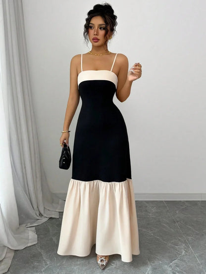 Two-Tone Spaghetti Strap Maxi Dress - -