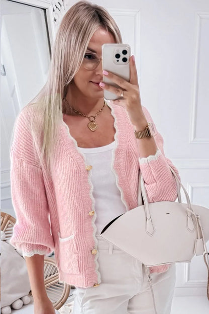 Contrast Trim V-Neck Long Sleeve Cardigan - -