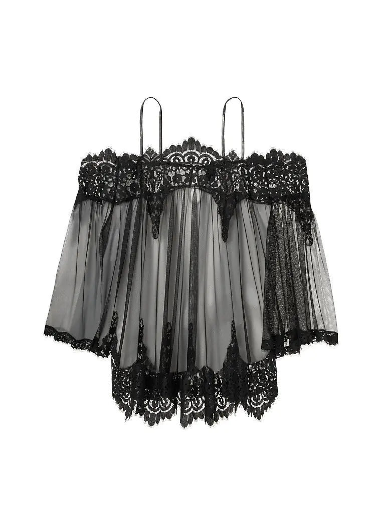 Lace Off-Shoulder Lingerie Set - Black S - lingerie