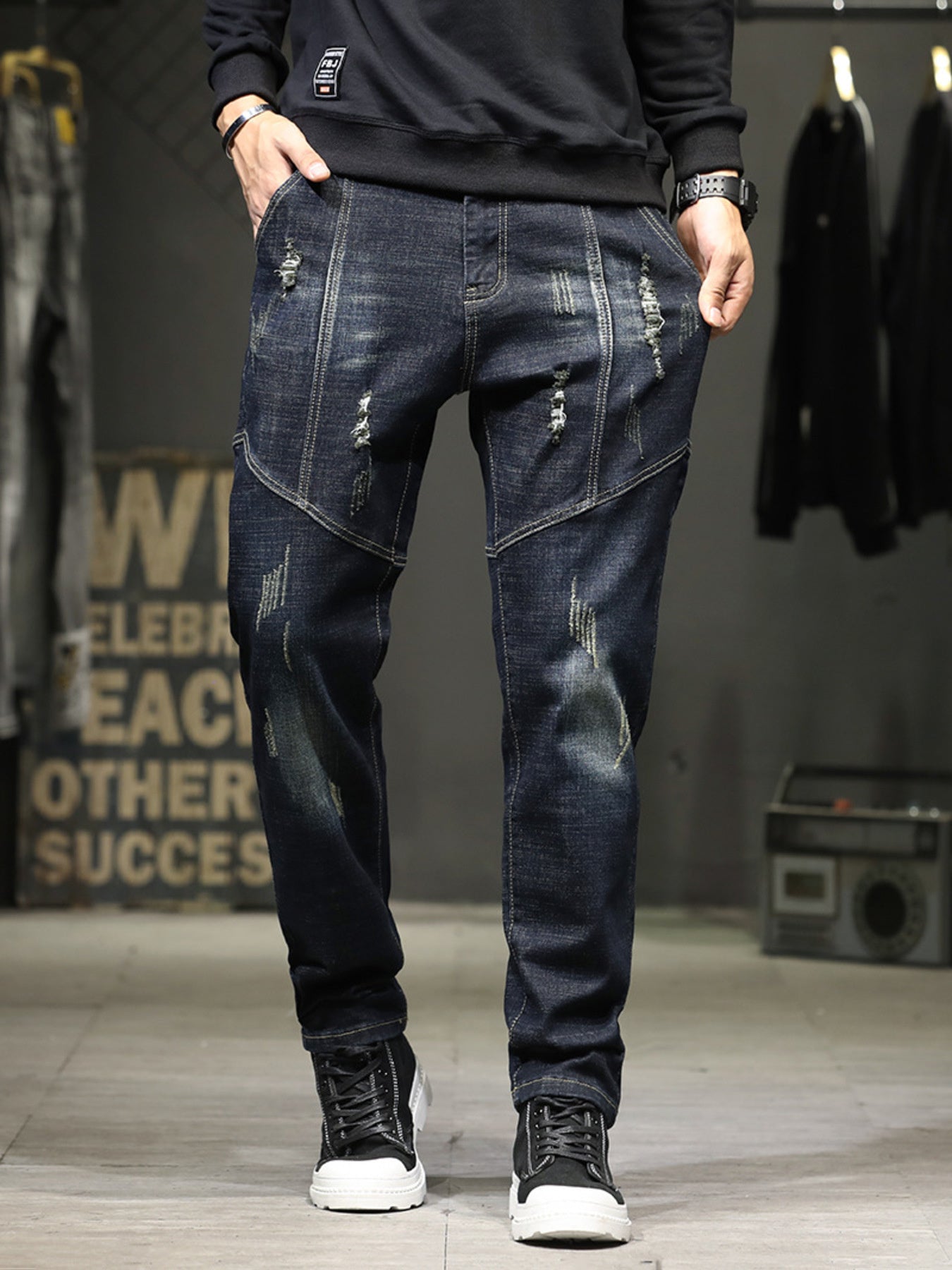 Men's Distressed Slim Fit Wash Jeans - -