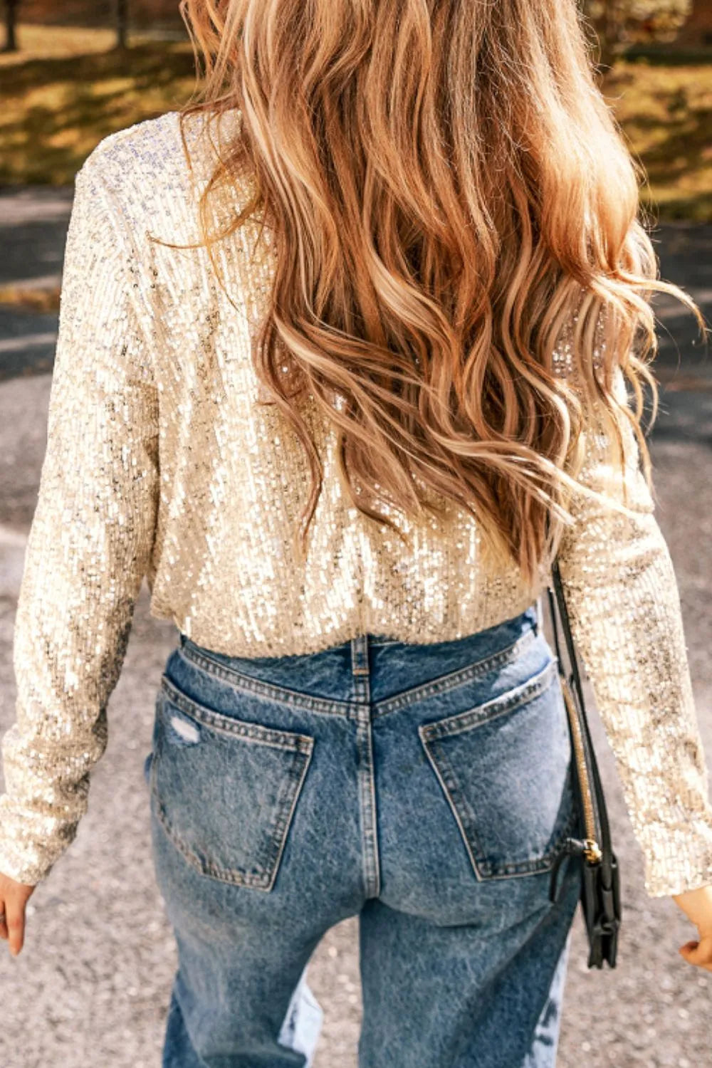 Sequin Surplice Long Sleeve Bodysuit - -