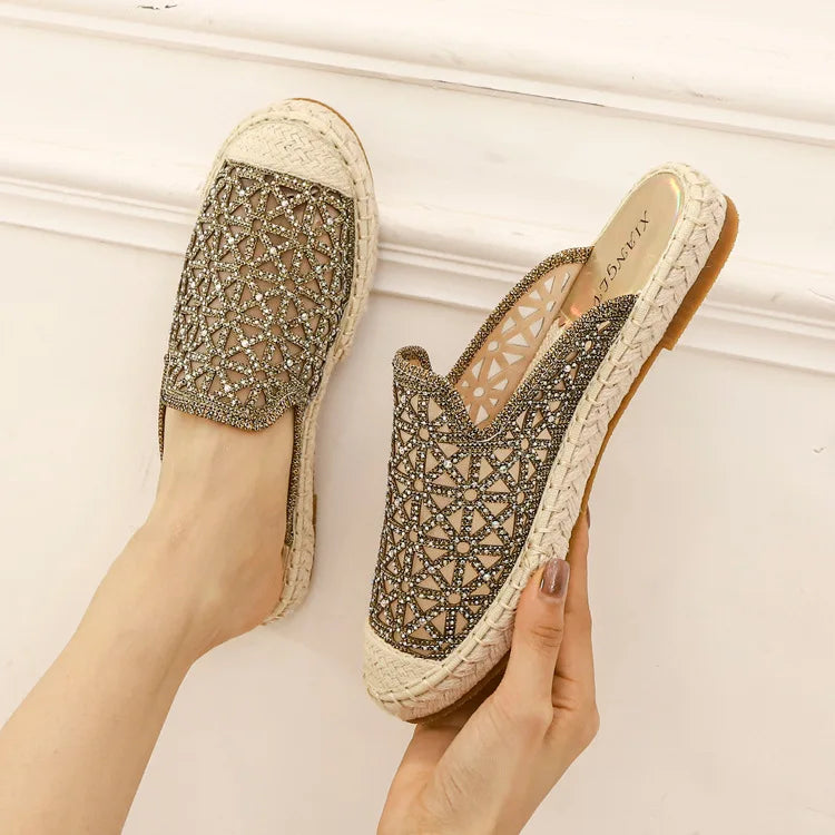 Lazy Slide Shoes Women Slippers New Sandals Rhinestone Straw Fisherman Shoes