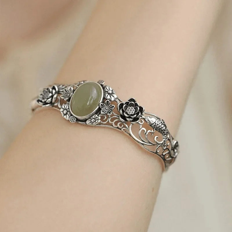 Hotan Green Jade Lotus & Koi Carved Bracelet - - Bracelets