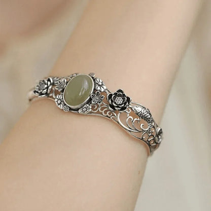 Hotan Green Jade Lotus & Koi Carved Bracelet - - Bracelets