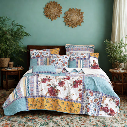 Tache Old World Garden Pastel Blue Yellow Red Hummingbirds Cotton Patchwork Quilt Set (JHW-936) - - Quilt / Bedspread