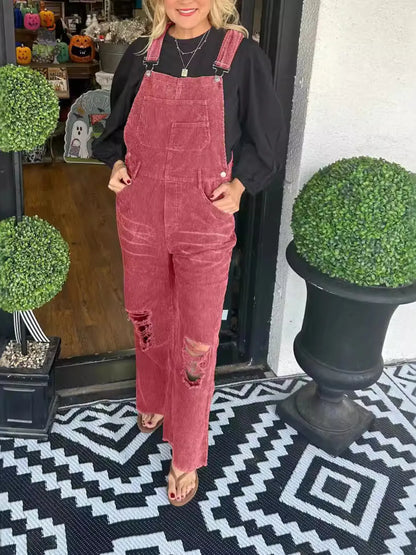 Distressed Wide Leg Corduroy Overalls - Brick Red -