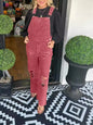 Distressed Wide Leg Corduroy Overalls - Brick Red -