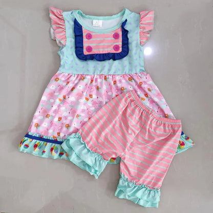 Flower Summer Pocket Ruffle Top and Shorts Set blue pink