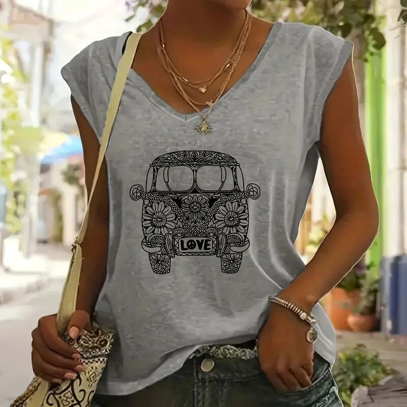 Women's V-Neck Short Sleeve T-Shirt - Gray - casualwear