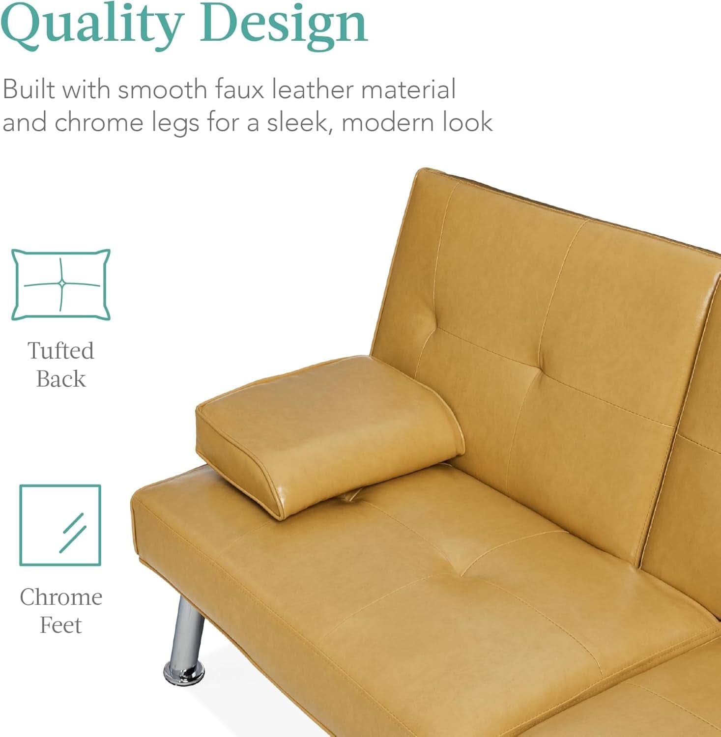 Convertible Futon Sofa Bed in Faux Leather Camel Yellow with Removable Armrests - - Sofa