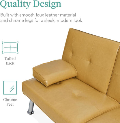 Convertible Futon Sofa Bed in Faux Leather Camel Yellow with Removable Armrests - - Sofa