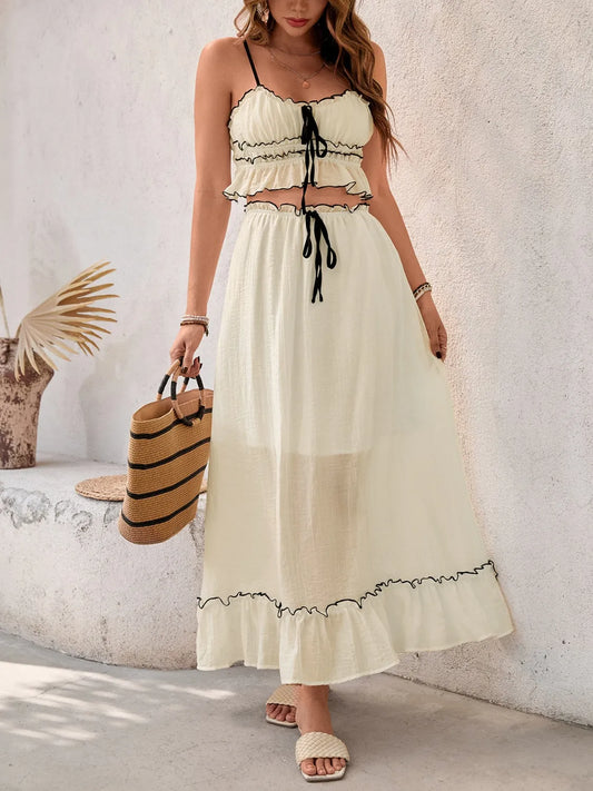 Contrast Trim Scoop Neck Cami and Skirt Set - Cream -