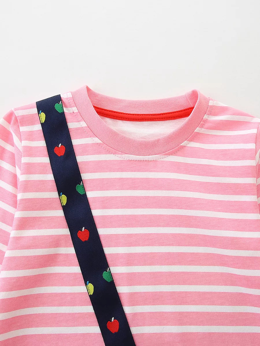 Children's Apple Applique Striped Long Sleeve Dress - -