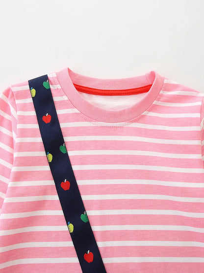 Children's Apple Applique Striped Long Sleeve Dress - -