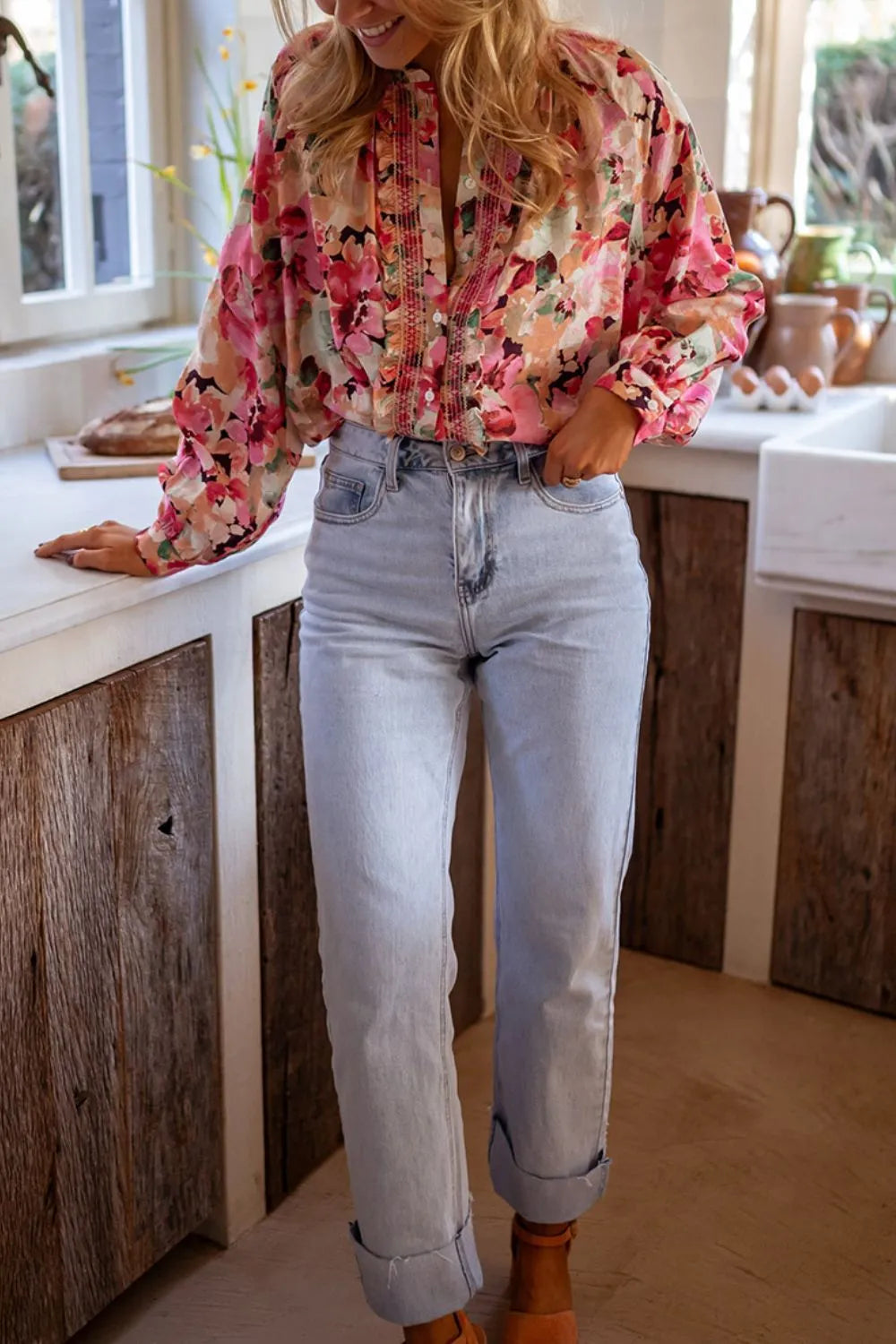 Frill Floral Button Down Long Sleeve Shirt - -