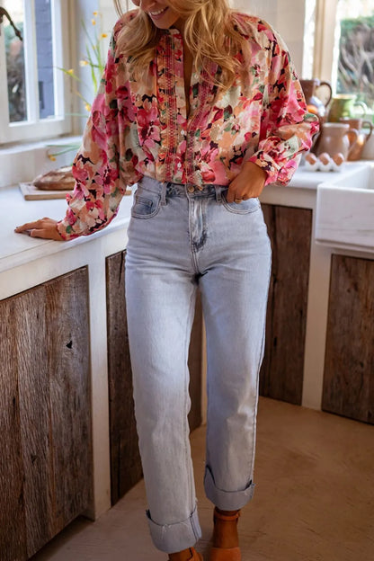 Frill Floral Button Down Long Sleeve Shirt - -