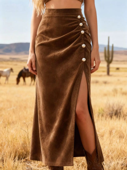 Brown Velvet Pearl Slit Skirt - - skirt