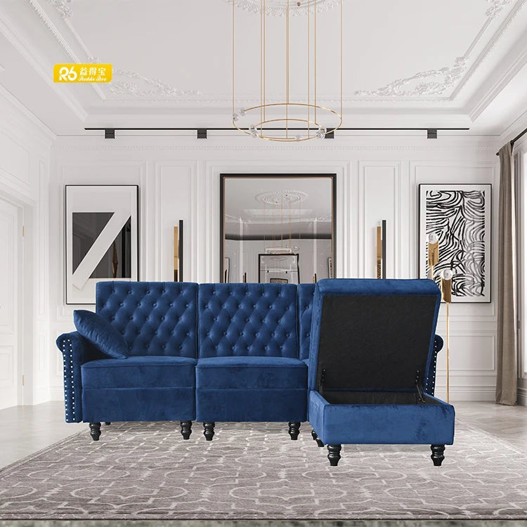 Modern Blue Velvet Chesterfield Sofa 3 Seat With Stool