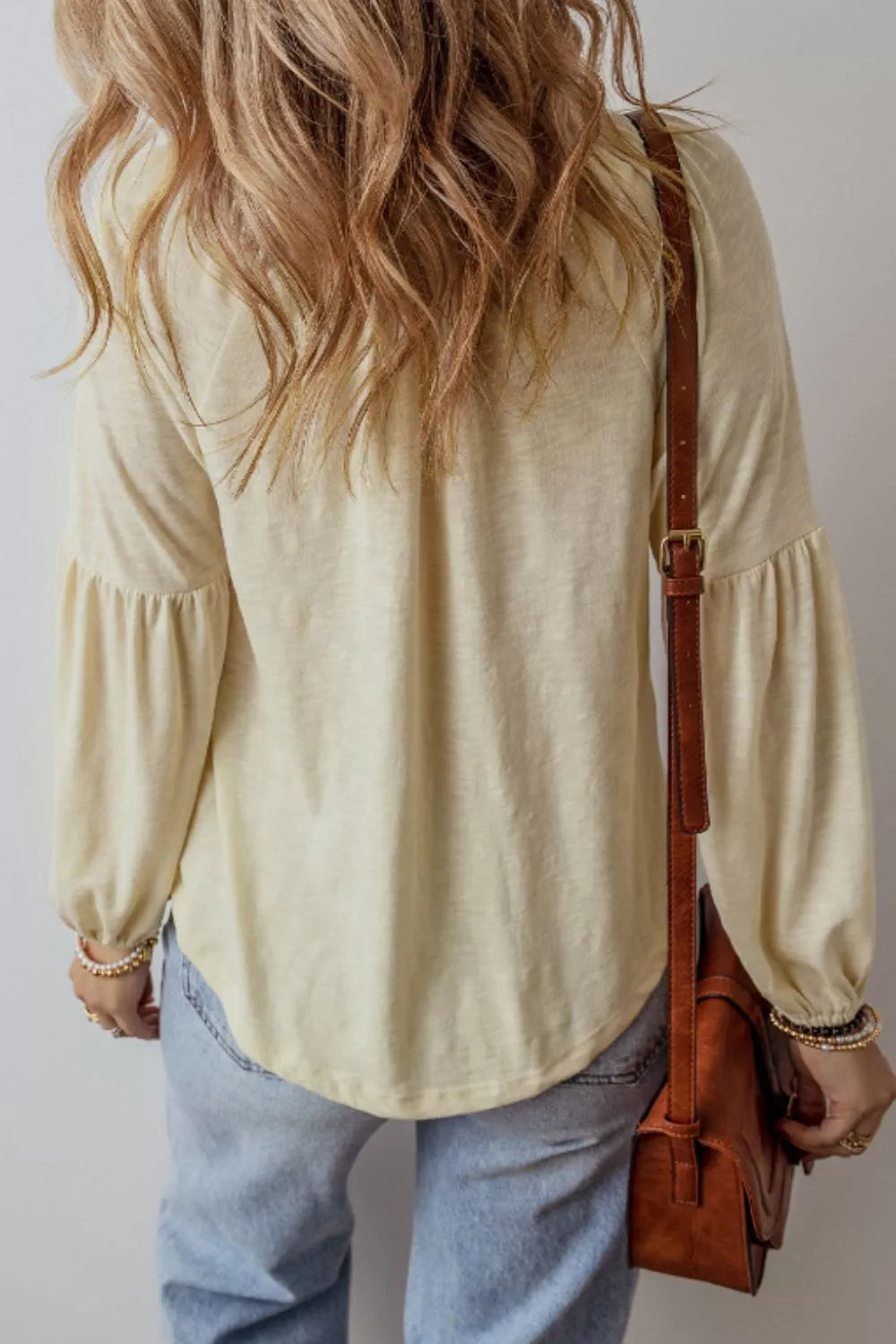 Embroidered Notched Long Sleeve Blouse - Pastel Yellow -