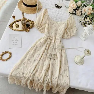 Retro Lace Long Skirt High Waist Thin Floral Dress for Women