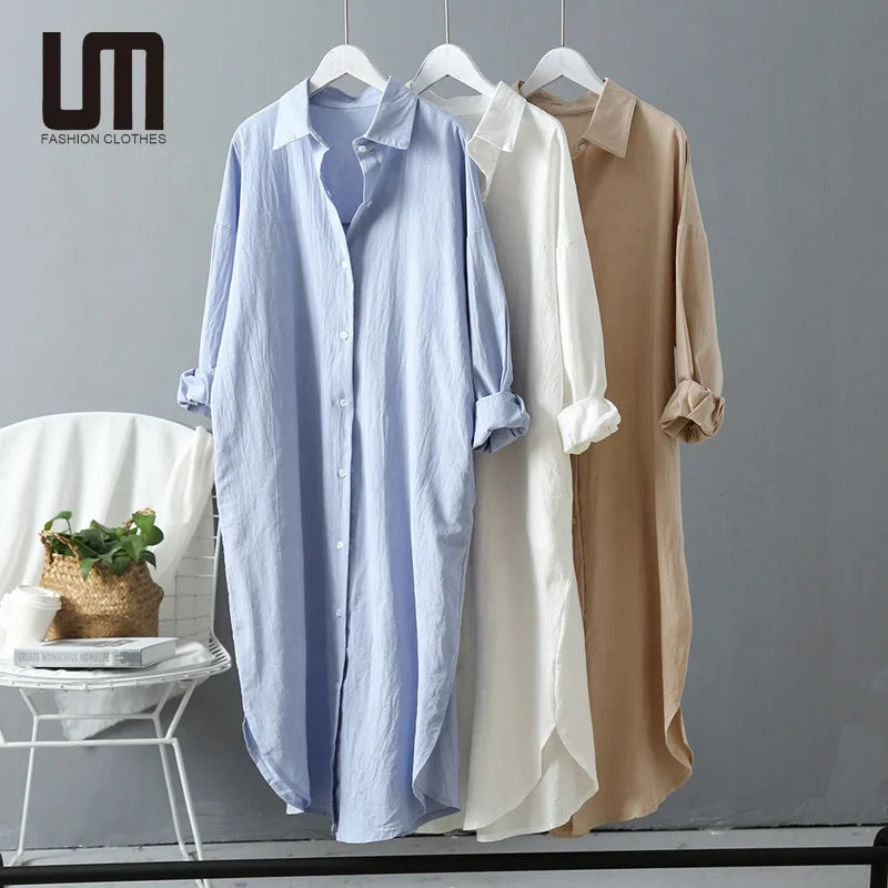 Women Casual Linen Cotton Loose Long Sleeve T Shirts Tops Midi Length Blouse