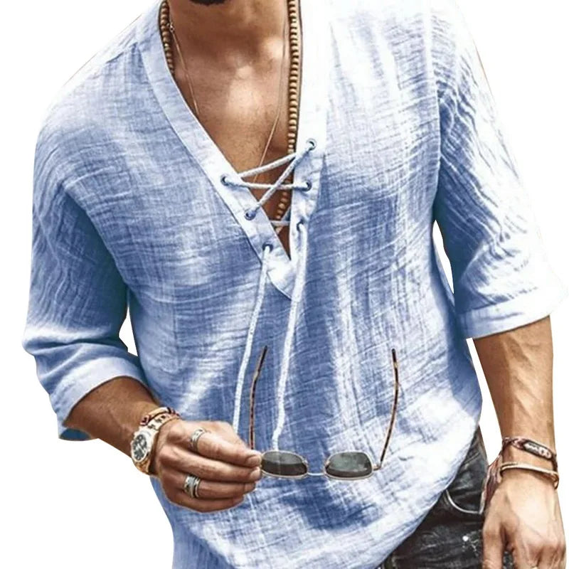 Men's Tee Shirt Solid Tops Pullover v Neck Lace-Up Loose Top Casual Half Sleeve