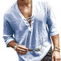 Mens Tee Shirt Solid Tops Pullover v Neck Lace-Up Loose Top Casual Half Sleeve Blue