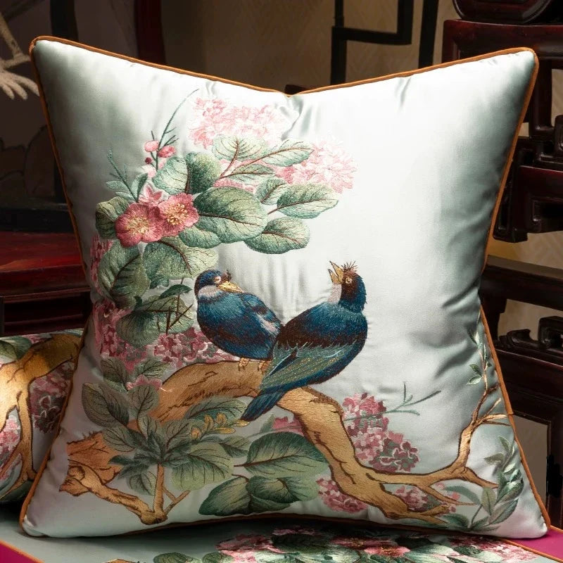 Embroidered Magpies Silk‑Like Pillowcase – Asian Home Decor 18" × 18" - - Pillowcases