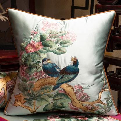 Embroidered Magpies Silk‑Like Pillowcase – Asian Home Decor 18" × 18" - - Pillowcases