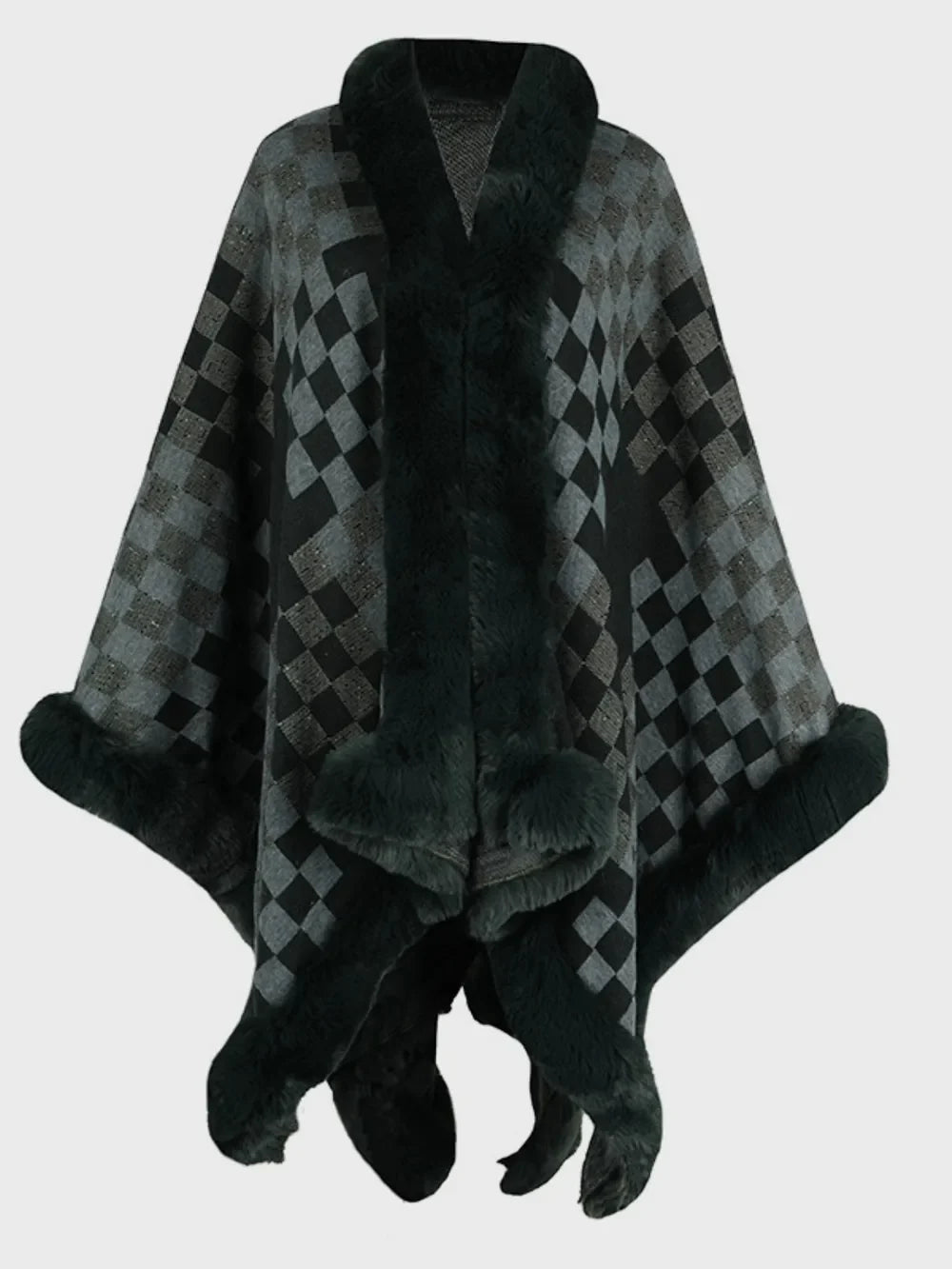 Fuzzy Checkered Long Sleeve Poncho - Black Forest One Size -