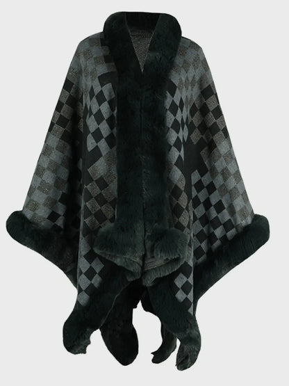 Fuzzy Checkered Long Sleeve Poncho - Black Forest One Size -