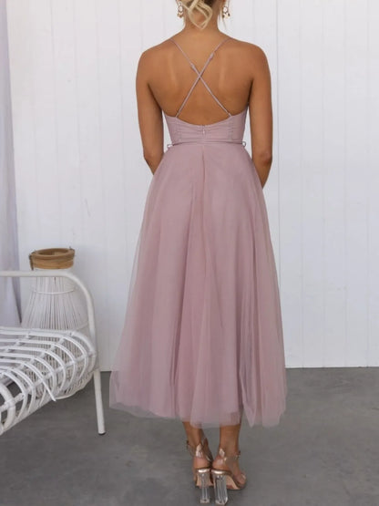 Sweetheart Neck Tulle Midi Dress - -