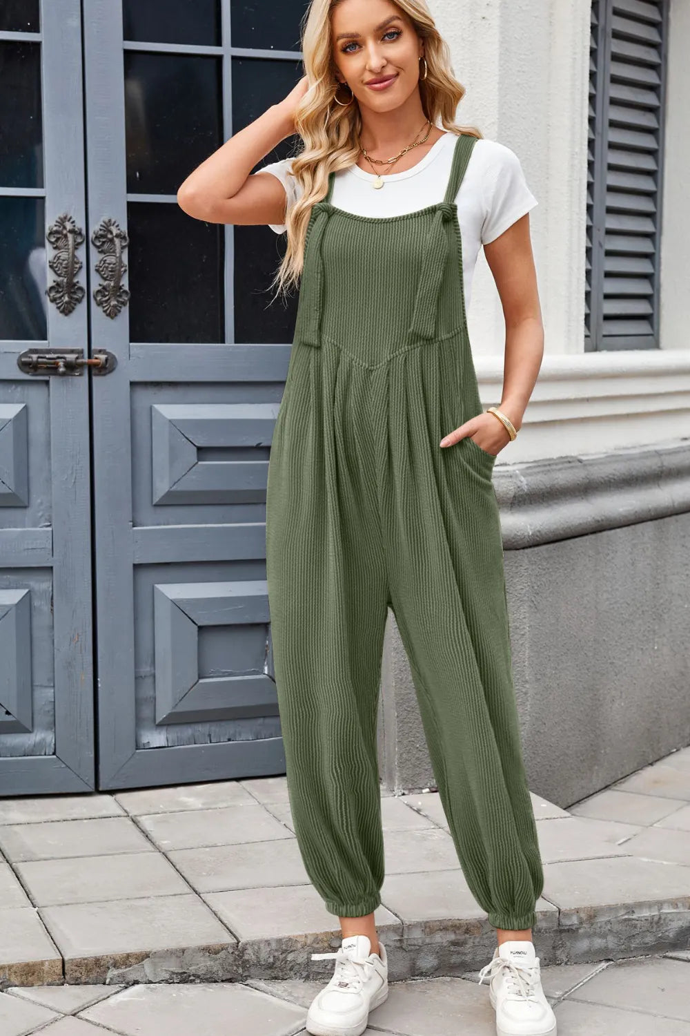 Lovelet Knotted Strap Overalls with Pockets - -