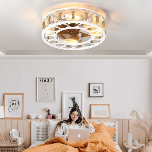 6 Speed White Cage Ceiling Fan With Light Remote Control - - light